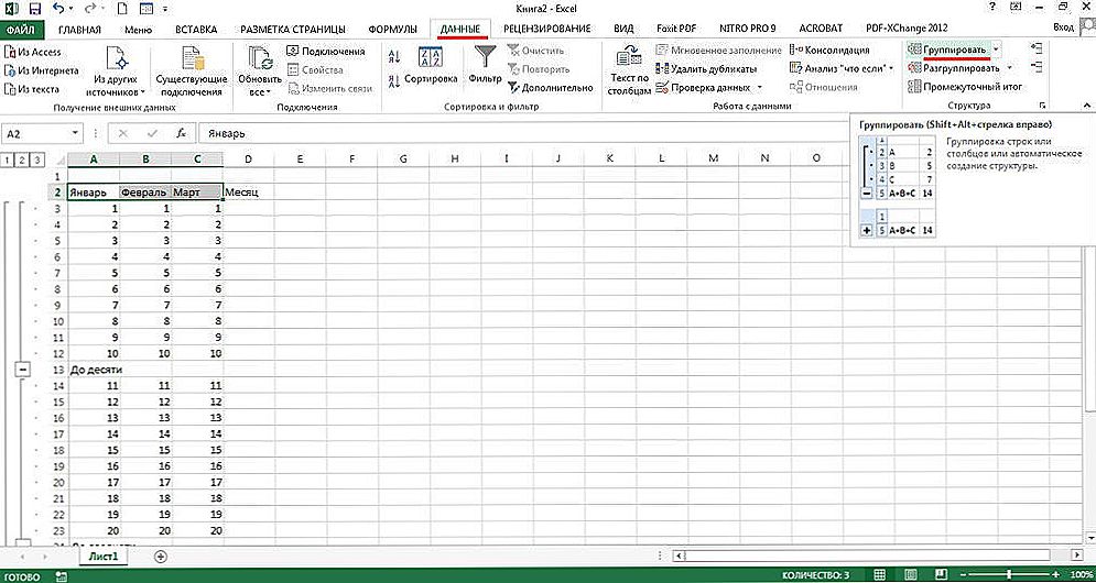 Grupiranje redaka i stupaca u programu Excel